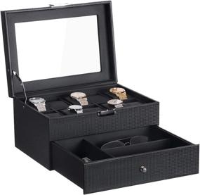 img 4 attached to 🕰️ BEWISHOME SSH14C Watch Box Organizer with Valet Drawer - Premium Carbon Fiber Design, Real Glass Top, Metal Hinge - 10 Slot Case for Men's Watches & Jewelry