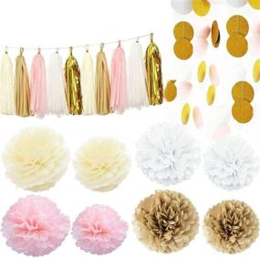img 4 attached to 🍒 CHERRY DOWN Party Decoration Set: Pink White Cream and Gold, 36pcs with Tissue Paper Tassels, Pom Pom Puffs, and Dot Garlands