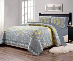 img 2 attached to 🌼 Linen Plus 7pc Queen Oversized Quilted Bedspread With Sheet Set - Floral Medallion Yellow Coastal Plain/Gray - New