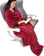 the smart blanket 6-in-1: throw, pillow, foot warmer, privacy hood, pouch pocket | made in usa | sm/med | burgundy logo