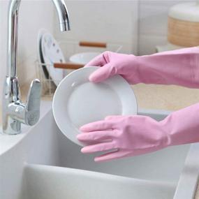 img 1 attached to 🧤 Reusable Cleaning Gloves for Household - Latex-Free Kitchen Dishwashing Gloves with Waterproof, Non-Slip Design and Cotton Lining (Medium Size, 2 Color Options)