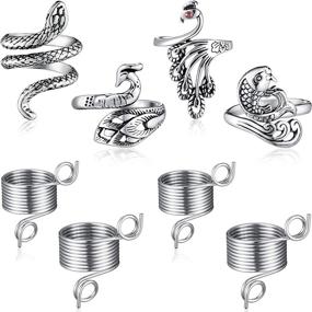 img 4 attached to 🔧 Adjustable Peacock-Shaped Crochet Loop Ring Set - 8 Pieces for Faster Knitting Crafts, 2 Sizes with Finger Holder Thimble and Yarn Guide - Metal Rings and Braided Design Knitting Accessories