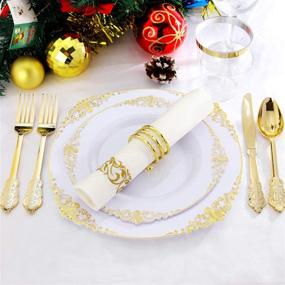 img 1 attached to Nervure 175PCS White and Gold Plastic Plates &amp; Gold Plastic Silverware Set - Includes 25 White Dinner Plates, 25 Gold Dessert Plates, 25 Forks, 25 Spoons, 25 Knives, 25 Cups, and 25 Napkins. Perfect for Thanksgiving, Parties, and Special Occasions