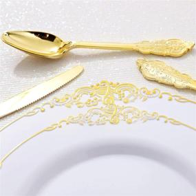 img 2 attached to Nervure 175PCS White and Gold Plastic Plates &amp; Gold Plastic Silverware Set - Includes 25 White Dinner Plates, 25 Gold Dessert Plates, 25 Forks, 25 Spoons, 25 Knives, 25 Cups, and 25 Napkins. Perfect for Thanksgiving, Parties, and Special Occasions