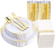 nervure 175pcs white and gold plastic plates &amp; gold plastic silverware set - includes 25 white dinner plates, 25 gold dessert plates, 25 forks, 25 spoons, 25 knives, 25 cups, and 25 napkins. perfect for thanksgiving, parties, and special occasions logo