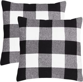 img 4 attached to 🎅 Set of 2 Ouddy Buffalo Plaid Pillow Covers, Farmhouse Cotton Linen Christmas Throw Pillows for Outdoor, 18x18 Christmas Pillow Covers for Couch Cases Sofa Porch, Black and White Christmas Fall Home Decor