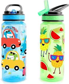 img 3 attached to Home Tune 23oz Kids Water Drinking Bottle - BPA Free, Auto Push Button, Flip Cap, Sipper Straw, Chug Lid, Carry Loop - Cute Design for Girls & Boys - 2 Pack