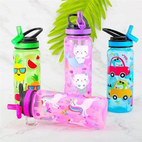 img 1 attached to Home Tune 23oz Kids Water Drinking Bottle - BPA Free, Auto Push Button, Flip Cap, Sipper Straw, Chug Lid, Carry Loop - Cute Design for Girls & Boys - 2 Pack