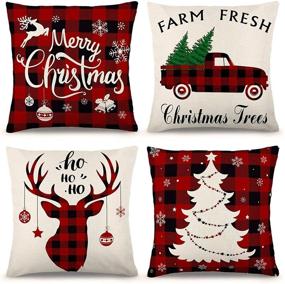 img 4 attached to 🎄 YGEOMER Christmas Pillow Covers 18x18 Set of 4: Outdoor Farmhouse Black and Red Buffalo Plaid Holiday Rustic Linen Case for Sofa Couch Decorations