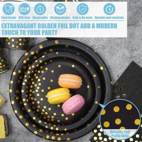 img 2 attached to 🎉 Premium Black and Gold Party Supplies - 350 PCS Set of Black Paper Plates, Napkins, Cups, Gold Plastic Forks, Knives, and Spoons - Disposable Dinnerware Perfect for Birthday, Christmas, Thanksgiving, 2022 Graduation, and New Year's Eve Celebrations