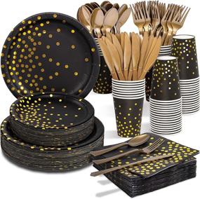 img 4 attached to 🎉 Premium Black and Gold Party Supplies - 350 PCS Set of Black Paper Plates, Napkins, Cups, Gold Plastic Forks, Knives, and Spoons - Disposable Dinnerware Perfect for Birthday, Christmas, Thanksgiving, 2022 Graduation, and New Year's Eve Celebrations