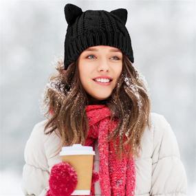 img 3 attached to 🐱 Cute Cat Knitted Hat for Women and Girls - Cat Ear Beanie Hats, Winter Knit Cable Hat