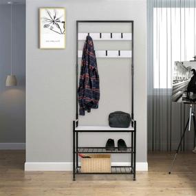 img 2 attached to 🏠 HOMEKOKO Wood Look Entryway Hall Tree Storage Shelf with Metal Frame - Coat Rack Shoe Bench, 3 in 1 Design - Accent Furniture