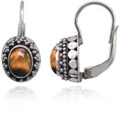 🐯 sterling silver simulated tiger's eye bali bead leverback earrings with thick oxidized finish logo