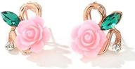 🌹 exquisite pink resin rose flower charm earrings with aaa cubic zirconia & green crystal leaf detailing - 18k gold plated studs logo