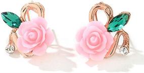 img 1 attached to 🌹 Exquisite Pink Resin Rose Flower Charm Earrings with AAA Cubic Zirconia & Green Crystal Leaf Detailing - 18K Gold Plated Studs