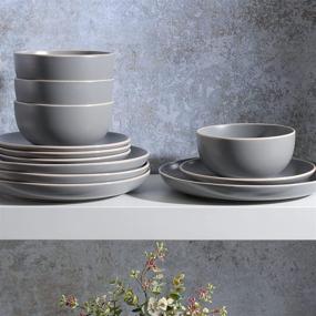 img 1 attached to Gibson Home Rockaway 12-Piece Grey Matte Dinnerware Set – Service for 4