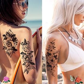 img 1 attached to 🌸 Cerlaza Temporary Tattoos for Women - Fake Flower Stickers for Adults, Semi-Permanent Half Sleeve Tattoo Body Leg Makeup - Waterproof, 3D Flower Butterflies Tatuajes Temporales - 12 Sheets