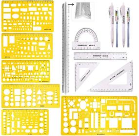 img 4 attached to 🔷 Swpeet 12Pcs Plastic Yellow Geometric Drawings Templates Kit with Pencil and Ruler - 4 Different Stencils for Engineering and Drawing