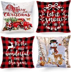 img 4 attached to 🎄 Decorate your home for the holidays with Pinata Christmas Pillow Covers - Set of 4 18x18 Winter Snowman Outdoor Cushion Cases in Rustic Farmhouse Red Black Buffalo Plaid - Perfect Christmas Decorations for the Holiday Season!