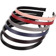 stylish set of 6 skinny leather covered headbands for women and girls - solid color hairbands in matte pink, wine red, navy blue, coffee, black, and grey (1.1 cm) logo