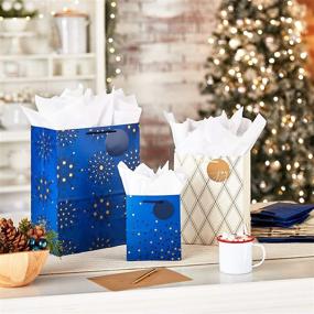 img 3 attached to 🎁 Hallmark Holiday Gift Bags Navy Blue and Gold Assorted Sizes - 8 Bags: 3 Small 6&#34;, 3 Medium 9&#34;, 2 Large 13&#34; - Dots, Diamonds, and Starry Snowflakes for Christmas, Hanukkah, Weddings, Graduations, and More