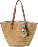 🌴 stylish obosoyo straw beach bag: large round wicker tote for women with pompom shoulder strap - perfect summer purse! logo