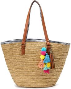 img 4 attached to 🌴 Stylish Obosoyo Straw Beach Bag: Large Round Wicker Tote for Women with Pompom Shoulder Strap - Perfect Summer Purse!