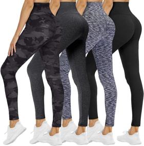 img 4 attached to 👖 High Waist Tummy Control Leggings: 4 Pack Soft Black Yoga Pants for Women - No See-Through & Perfect for Athletic Workouts