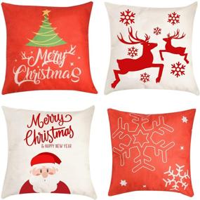 img 4 attached to 🎄 Set of 4 Christmas Pillow Cover Decorations - 18"x18" Cotton Linen Decorative Couch Pillow Cases for Sofa, Couch, Bed, and Car - Red