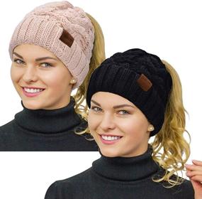 img 4 attached to 🧣 Rosoz Women's Winter Warm Beanie Tail - Soft Stretch Cable Knit Messy High Bun Hat for Ponytail