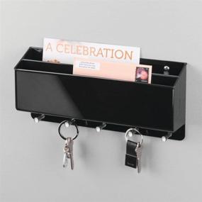 img 1 attached to 📬 mDesign Wall Mount Plastic Divided Mail Organizer Storage Basket - 2 Sections, 5 Metal Peg Hooks - Black