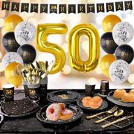 🎉 hapycity 50th birthday party decorations supplies (210 pack) - black & gold plates, napkins, cups, cutlery set, balloons - ideal for men and women, serves 24 logo