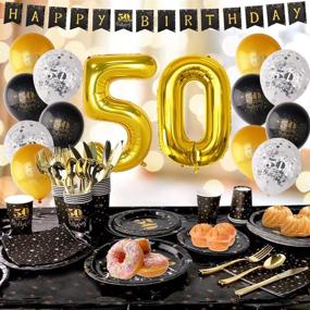 img 4 attached to 🎉 HAPYCITY 50th Birthday Party Decorations Supplies (210 Pack) - Black & Gold Plates, Napkins, Cups, Cutlery Set, Balloons - Ideal for Men and Women, Serves 24