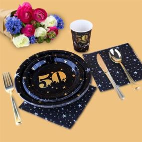 img 1 attached to 🎉 HAPYCITY 50th Birthday Party Decorations Supplies (210 Pack) - Black & Gold Plates, Napkins, Cups, Cutlery Set, Balloons - Ideal for Men and Women, Serves 24