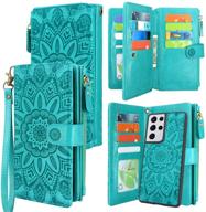 🌸 harryshell detachable magnetic wallet leather case for samsung galaxy s21 ultra 5g - floral flower design (blue green) - 12 card slots, cash pocket, wrist strap - sm-g998u (2021) logo