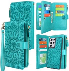 img 4 attached to 🌸 Harryshell Detachable Magnetic Wallet Leather Case for Samsung Galaxy S21 Ultra 5G - Floral Flower Design (Blue Green) - 12 Card Slots, Cash Pocket, Wrist Strap - SM-G998U (2021)