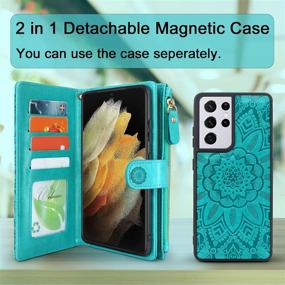 img 2 attached to 🌸 Harryshell Detachable Magnetic Wallet Leather Case for Samsung Galaxy S21 Ultra 5G - Floral Flower Design (Blue Green) - 12 Card Slots, Cash Pocket, Wrist Strap - SM-G998U (2021)