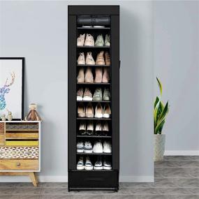 img 3 attached to 👠 10 Tier Tall Shoe Rack with Storage Box - Narrow, Stackable Shoe Stand and Shelf Storage Organizer for Closets - Metal and Fabric Covered Shoe Racks in Black