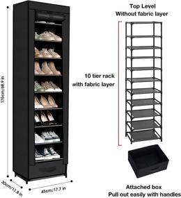 img 2 attached to 👠 10 Tier Tall Shoe Rack with Storage Box - Narrow, Stackable Shoe Stand and Shelf Storage Organizer for Closets - Metal and Fabric Covered Shoe Racks in Black