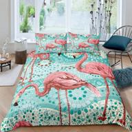 tropical flamingo pattern bedding set for kids boys girls adults - feelyou flamingo duvet cover set with turquoise dot stripes, vintage bedspread pattern - 2pcs twin size bedclothes, wild animal comforter cover logo