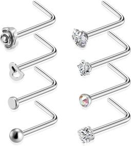 img 4 attached to 💎 Tornito 20G 8Pcs Stainless Steel L-Shaped Nose Ring: Sparkling CZ Nose Studs for Chic Nose Piercing in Silver and Rose Gold Tone