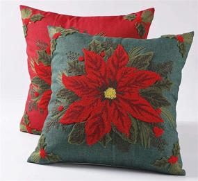 img 2 attached to GRANDDECO Embroidered Christmas Flower and Leaves Pillow Covers - Xmas Decorative 🎄 Cushion Cases for Home Sofa, Pack of 2, 18 x 18 inches, with Zipper