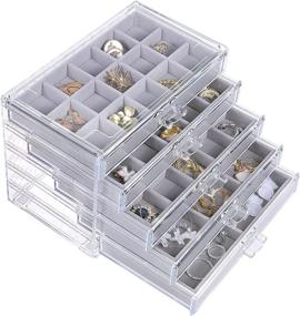 img 4 attached to misaya Earring Jewelry Organizer with 5 Drawers - Clear Acrylic Jewelry Box for Women, Birthday Gift, Velvet Earring Display Holder for Earrings, Rings, Bracelets, Necklaces - Gray
