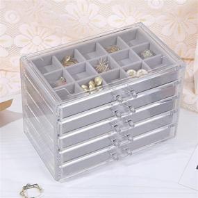 img 3 attached to misaya Earring Jewelry Organizer with 5 Drawers - Clear Acrylic Jewelry Box for Women, Birthday Gift, Velvet Earring Display Holder for Earrings, Rings, Bracelets, Necklaces - Gray