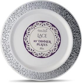 img 4 attached to Premium Heavyweight Plastic White Dinner Plates with Silver Border - Laura 🍽️ Stein Designer Tableware, 10 Count, Lace Series, Ideal for Parties, Weddings, and Disposable Dishes
