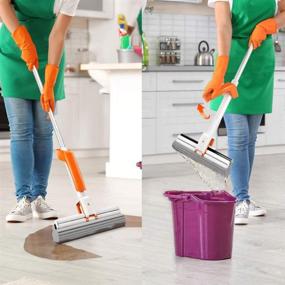 img 3 attached to 🧽 Sponge Mop with Telescopic Stainless Steel Handle: Roller Foam Mop, 2 Mop Heads, Hidden Scraper - 130cm (50 Inch) for All Floor Types