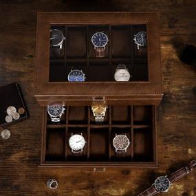 img 1 attached to 🕰️ BEWISHOME Luxury Watch Organizer: 20-Slot Faux Leather Case with Real Glass Top - Brown SSH24Z