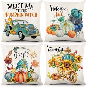 img 4 attached to CDWERD Fall Pillow Covers 18x18 Set of 4 - Farmhouse Outdoor Teal Autumn Decor with Sunflower Gnome Truck Linen - Thanksgiving Throw Pillow Covers for Couch Home Decoration
