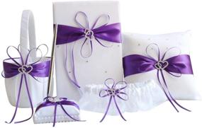 img 4 attached to 💜 5-Piece Purple Wedding Flower Girl Basket, Guest Book Pen, Ring Pillow, and Garter Set - Awtlife